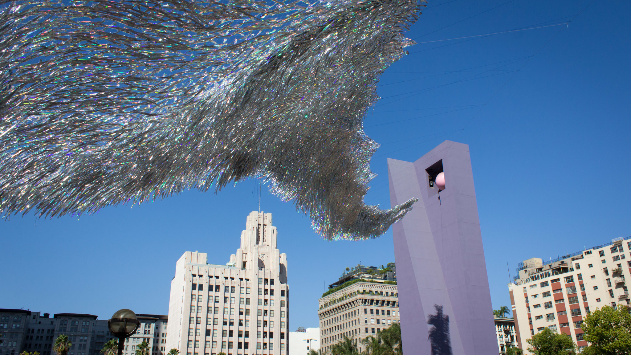 Pershing Square has been covered in a canopy of silver streamers. — original article image