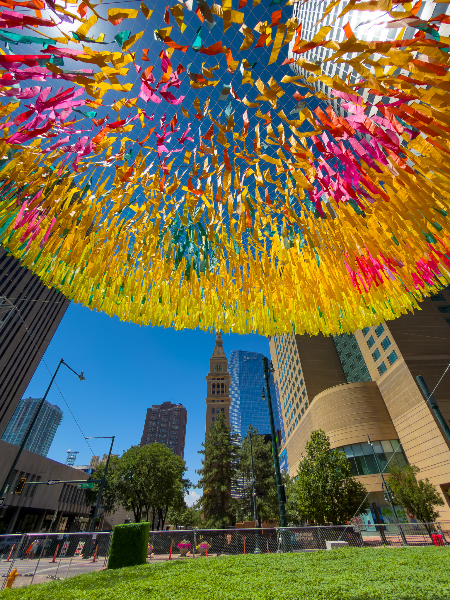 Skyline Drift kinetic public art canopy above Skyline Park in downtown Denver